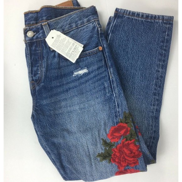 Levi's 501 Boho Jeans NWT 24" X 26" Rose Embroidered Distressed Cropped - Picture 10 of 10